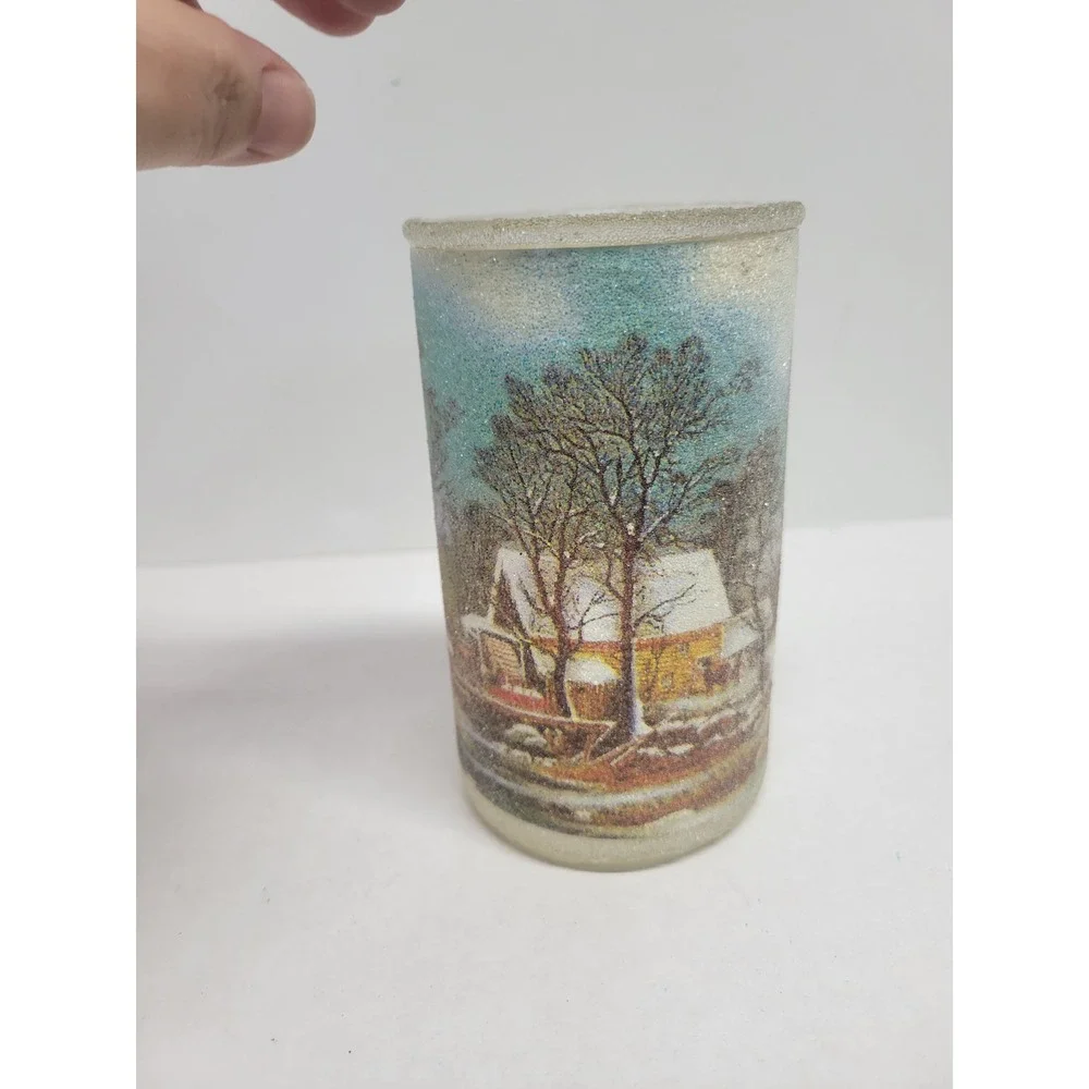 Vintage‎ Danzas Frosted Glass Winter Scene Sugary Glitter Candle Holder Vase